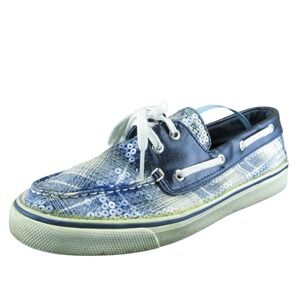 SPERRY Plaid Sequin Women Boat Shoe Blue Fabric Lace Up Size 8.5 Medium‎